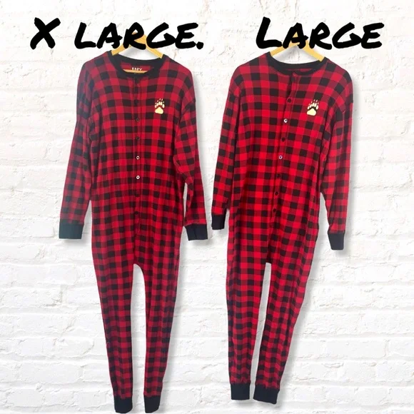 Lazy One Unisex Bear Cheeks FlapJack Adult Onesie Red and Black  Large - Picture 3 of 11